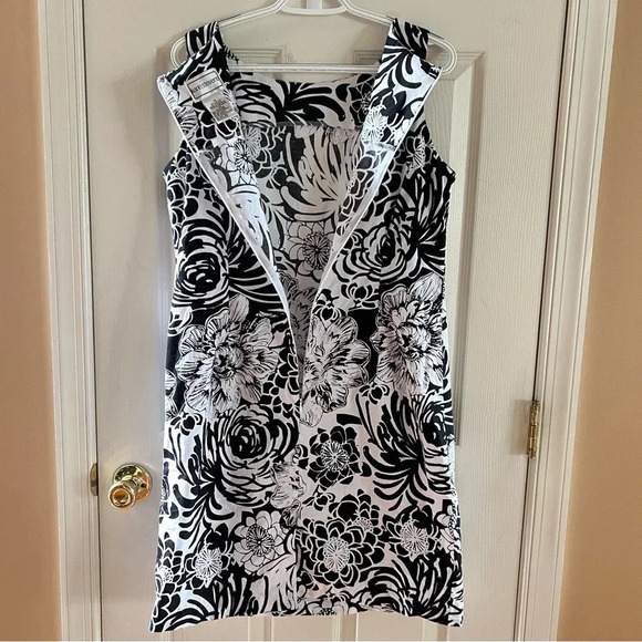 KARIN STEVENS Women Dress 12 Floral Black White Slip Preppy Sheath Cotton Modest - Picture 9 of 17